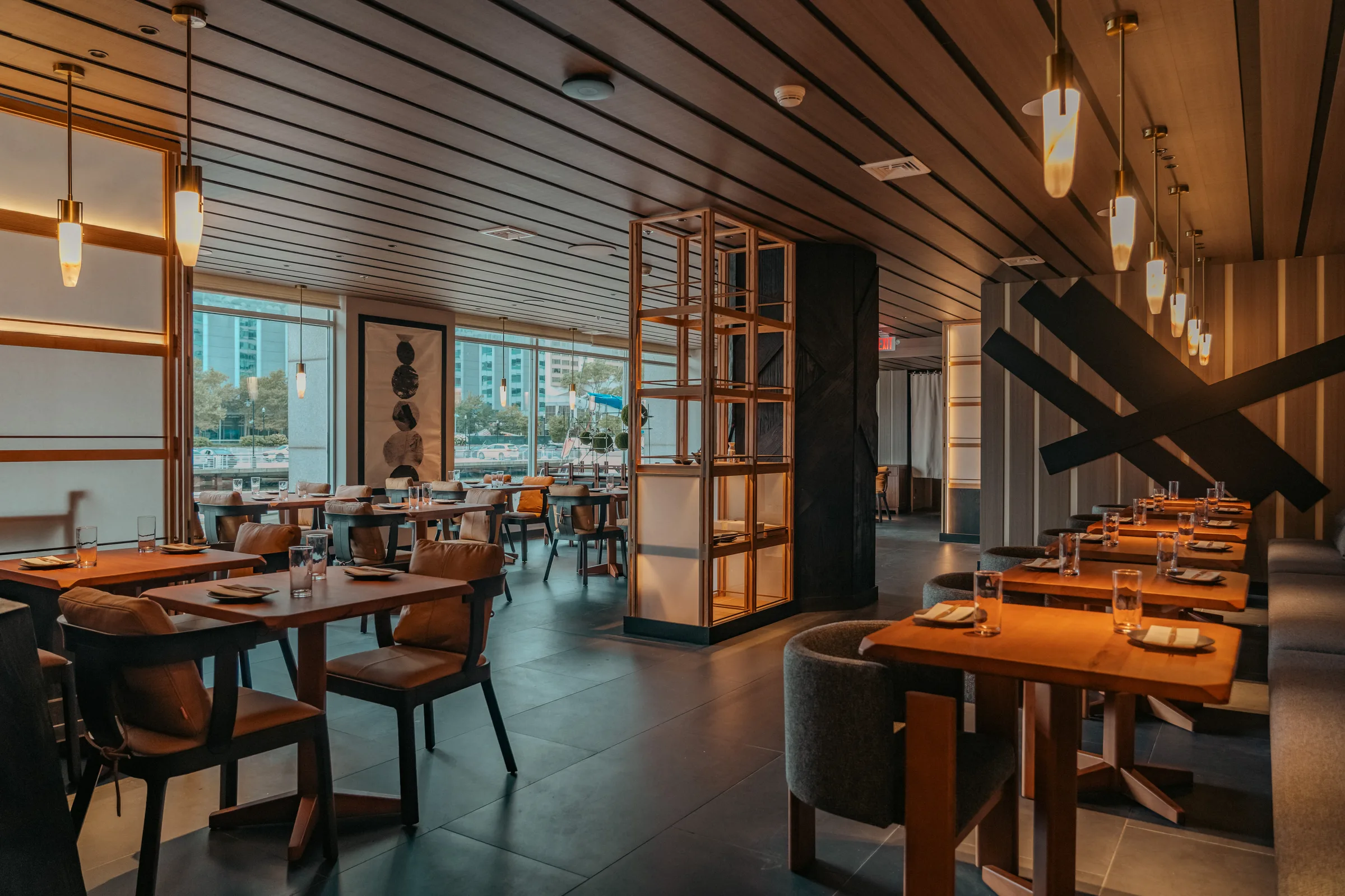 The dining room under pendant lights